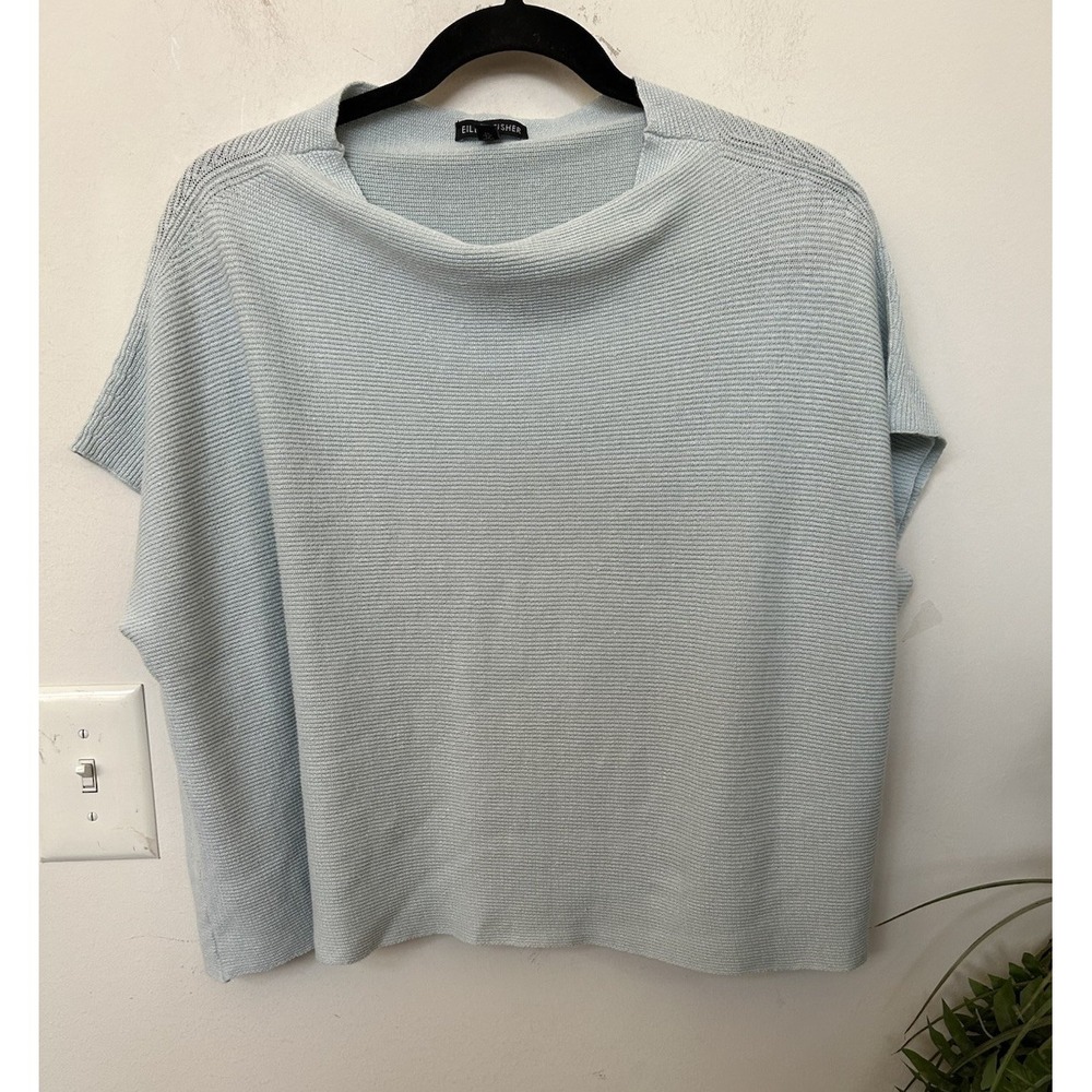 Eileen Fisher S/M Blue Ribbed Knit Boxy Cowl Neck Top Drop Shoulder Minimalist